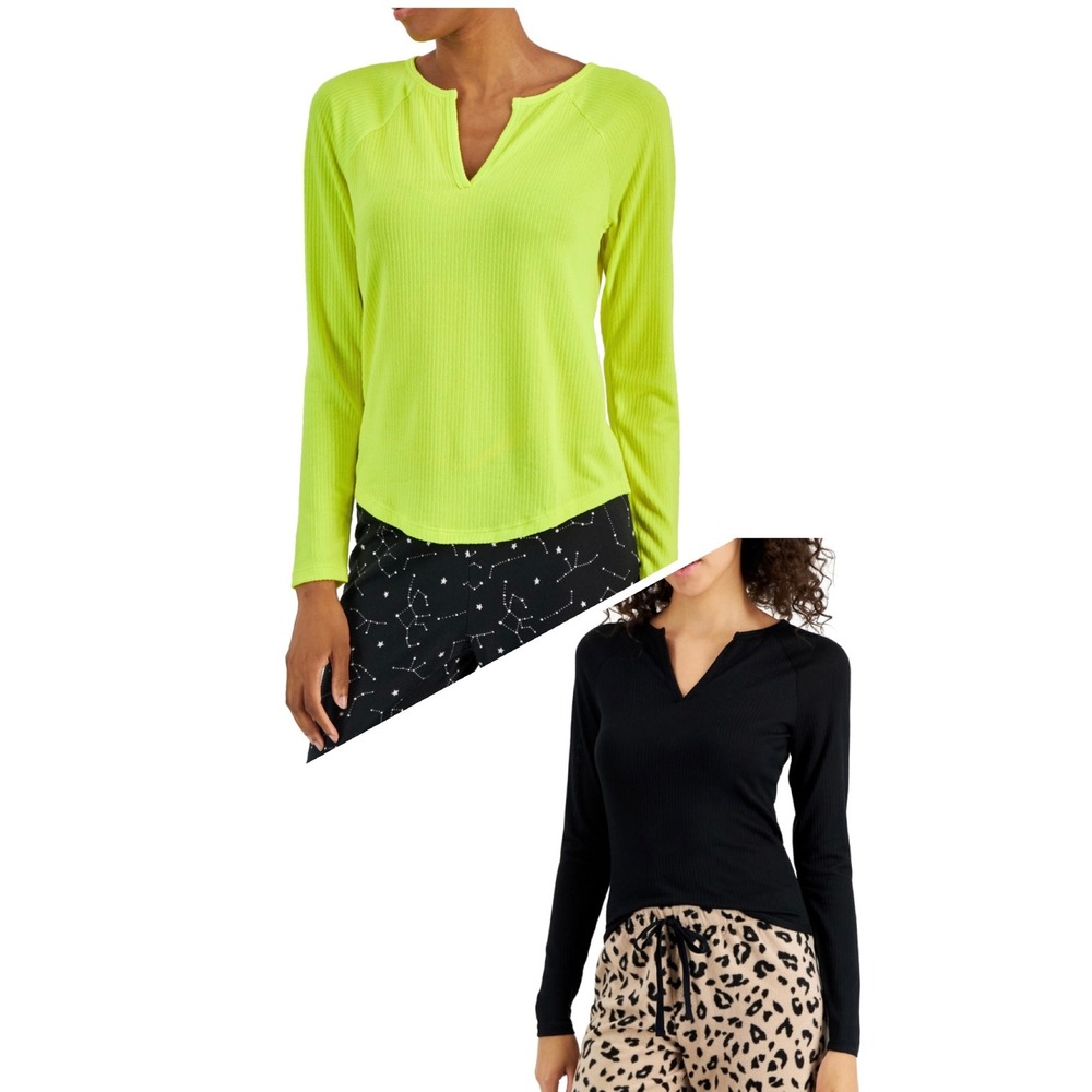 Jenni Women's Split-Neck Pajama Top Bundle of 2 - Black - Yellow - Size Small